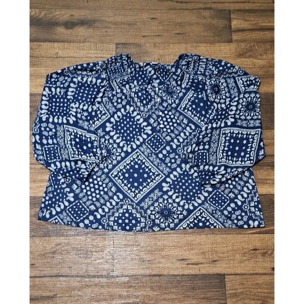 Old Navy Women's Paisley Tunic Top 2XL Blue White Front Button Boho Mature Casua